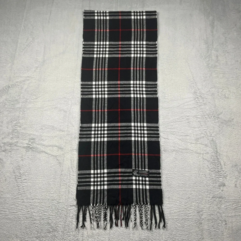 Cashmere Blend Italian Design Plaid Scarf Black Red White Fringe Winter Wrap